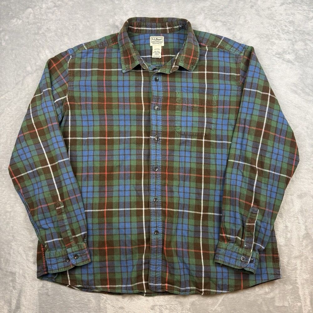 L.L. Bean Traditional Fit Plaid Flannel Shirt Men’s XXL Green Blue Brown